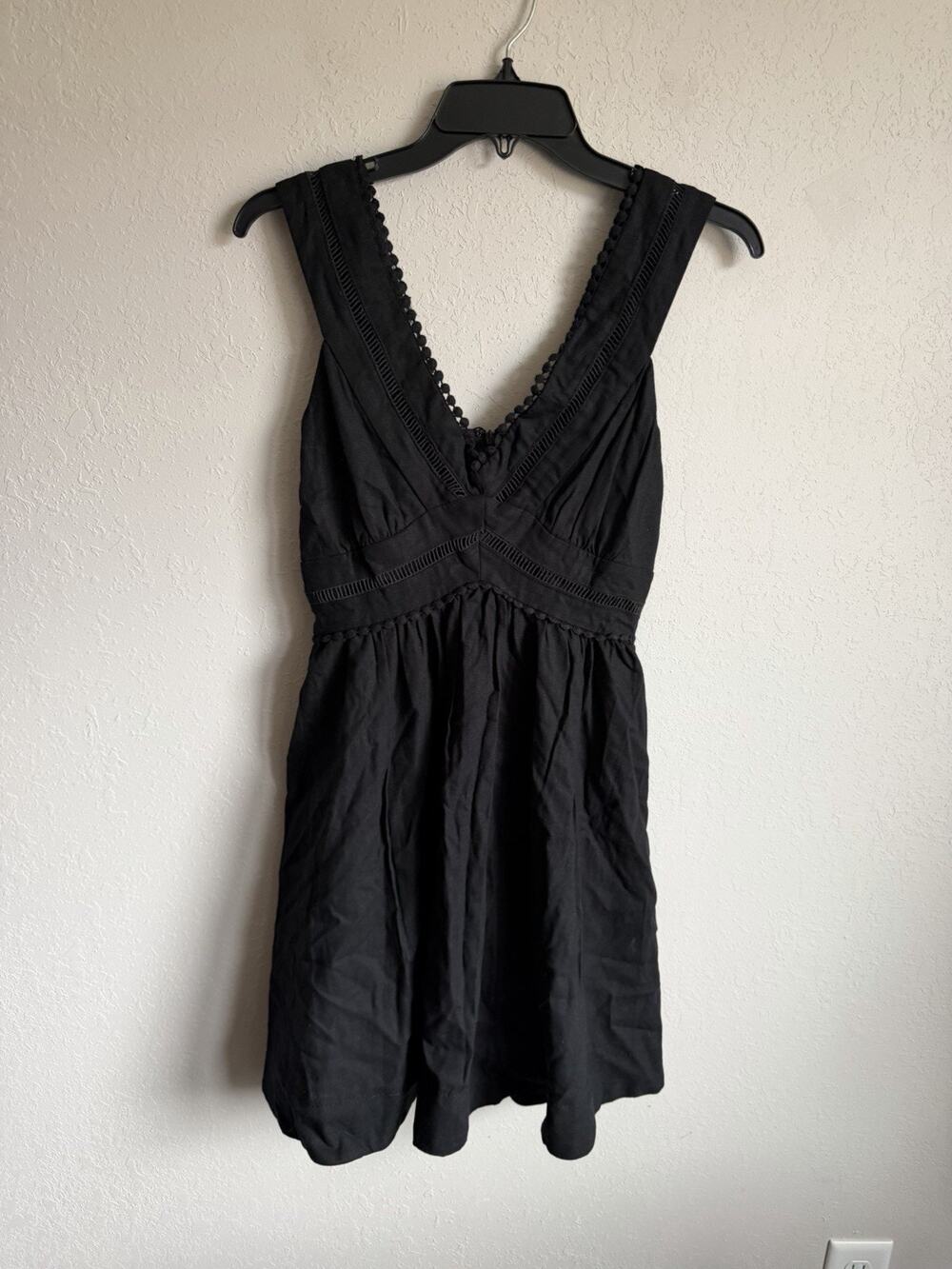 Zara Collection Black Linen Blend V-Neck Cut Out A-Line Mini Dress Womens 2